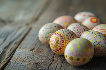 Hand-Painted Easter Eggs on Rustic Wooden Surface, Exquisite hand-painted Easter eggs adorned with traditional folk patterns resting on an aged wooden surface.