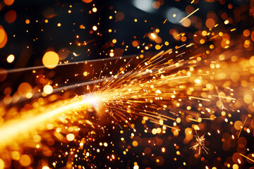 Fototapeta premium Industrial Welding Sparks Close-up, A close-up of intense welding sparks flying from the joining of metal parts in an industrial setting.