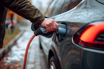 Plugging In Electric Car Charger on a Rainy Day, The hand of a person plugging in an electric car charger, with raindrops visible on the vehicle and an orange charging cable in focus.