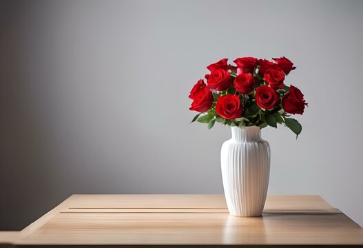AI generated illustration of a vase of flowers on wooden table over gray background