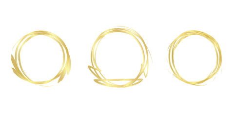 Collection of golden round frames on white background. Set of hand drawn doodle gold circles.Vector illustration. - obrazy, fototapety, plakaty