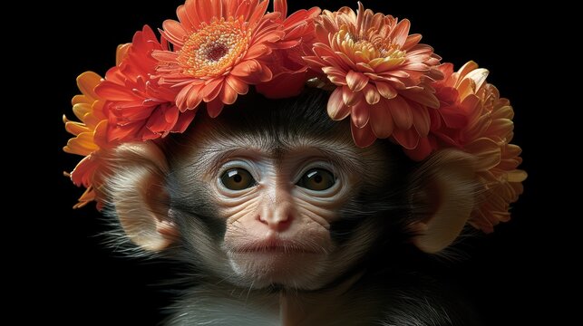 a monkey with a bunch of flowers on it's head and a bunch of flowers on it's head.