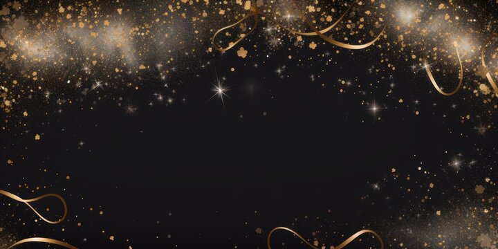 black golden blank frame background with confetti glitter and sparkles