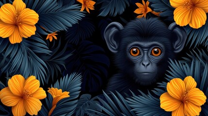 a monkey in the jungle surrounded by tropical leaves and flowers, with a yellow flower in the foreground and a black monkey in the background.