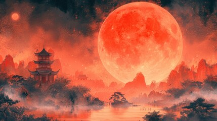 a painting of a red moon over a lake with a pagoda in the foreground and a mountain range in the background. - obrazy, fototapety, plakaty