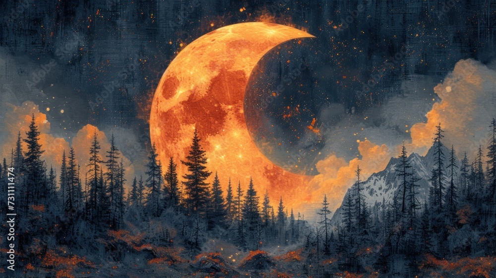 Poster a painting of a full moon with trees in the foreground and a dark sky with clouds in the background.