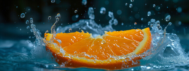 A slice of orange dropped in water, making a splash. - obrazy, fototapety, plakaty