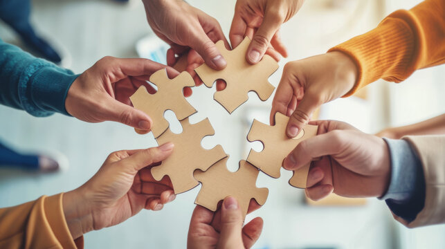 Several hands from different people coming together to connect pieces of a jigsaw puzzle, symbolizing teamwork and collaboration.