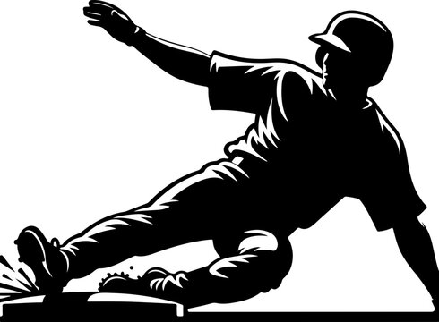 Black and white vector silhouette of a baseball player in action, sliding into base, perfect for sports-themed laser cut designs and crafts.
