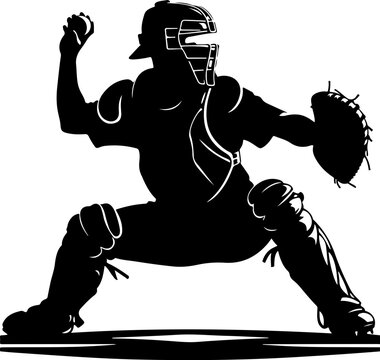 recommend clip art: A vector silhouette of a focused baseball catcher crouched and ready to catch a pitch, isolated on a white background, ideal for laser cutting projects.
                    
