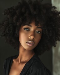 portrait of a beautiful dark tanned woman with sensual expression and curly hairstyle - ai-generated