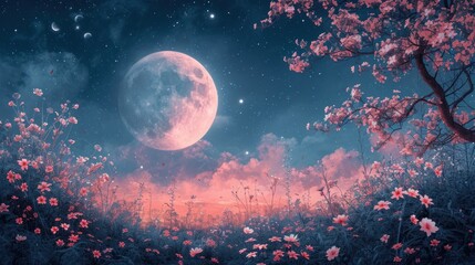 a painting of a full moon in the sky with pink flowers in the foreground and a tree in the foreground.