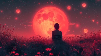 Fototapeta na wymiar a person standing in a field with a full moon in the background and a red moon in the sky above.