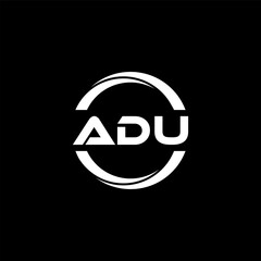 ADU letter logo design with black background in illustrator, cube logo, vector logo, modern alphabet font overlap style. calligraphy designs for logo, Poster, Invitation, etc.