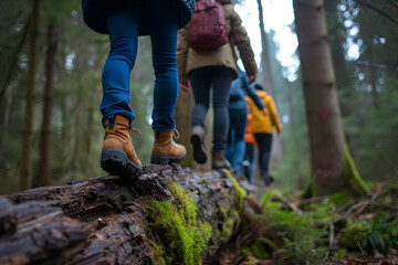 Group of friends walking on balancing on tree trunk in forest