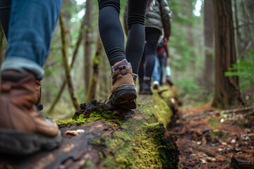 Group of friends walking on balancing on tree trunk in forest