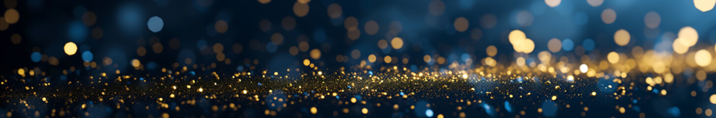 abstract background with Dark rich blue and gold particle. Christmas Golden light shine particles bokeh on navy blue background. Gold foil texture. Holiday concept.