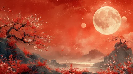Papier Peint photo Rouge 2 a painting of a full moon in a red sky with trees and rocks in the foreground and a body of water in the background.