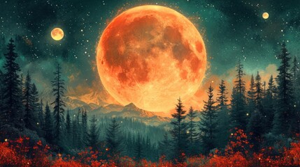 Fototapeta na wymiar a painting of a full moon in the night sky over a forest with red flowers and pine trees in the foreground.