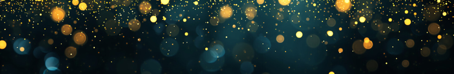 abstract background with Dark rich green and gold particle. Christmas Golden light shine particles bokeh on navy blue background. Gold foil texture. Holiday concept.