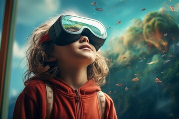 Girl wearing VR goggles interacts with virtual objects through gesture control in a fantastical digital realm. Generative AI.
