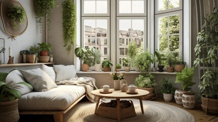 Fototapeta premium Scandinavian room with plants and a window.