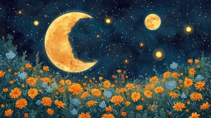 a painting of a full moon in the night sky with flowers in the foreground and stars in the background.