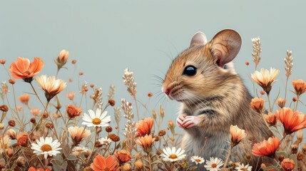 a mouse sitting in the middle of a field of daisies and wildflowers with a blue sky in the background.