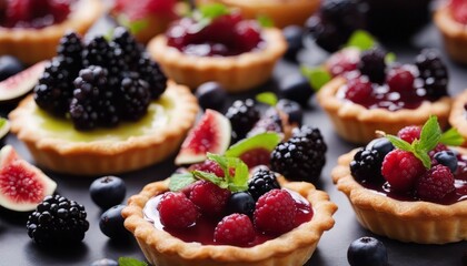 Fruit and berry tarts dessert tray assorted. Closeup of beautiful delicious pastry sweets with fresh