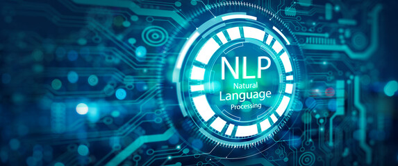 NLP hologram screen and technology abstract background. Ai and Natural Language Processing cognitive computing technology concept. 3d illustration. - obrazy, fototapety, plakaty