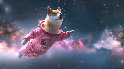 Akita Inu dog in a pink space suit soars in the starry galaxy. Futuristic future