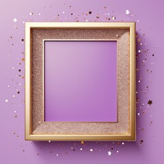 lilac golden blank frame background with confetti glitter and sparkles