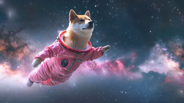 Akita Inu dog in a pink space suit soars in the starry galaxy. Futuristic future