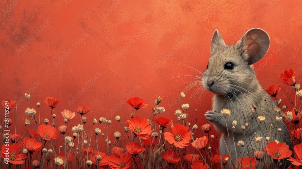 Poster a painting of a mouse standing in a field of red flowers with a red wall in the background behind it