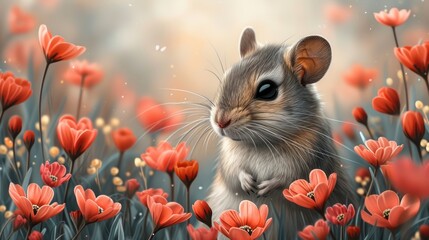 a painting of a mouse sitting in a field of red flowers with a blurry background of red tulips.