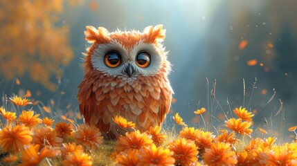 a painting of an owl sitting in a field of flowers with the sun shining through the eyes of the owl.