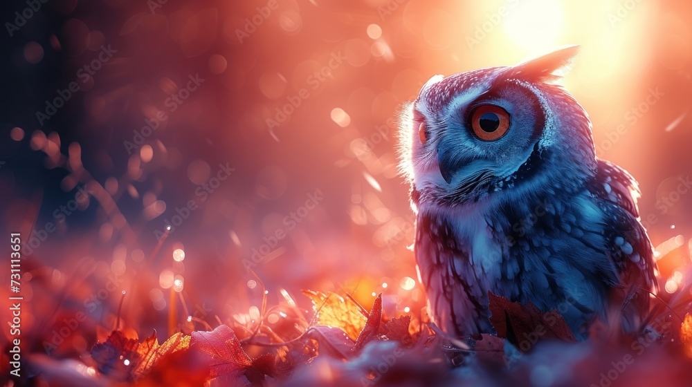 Poster a close up of an owl in a field of leaves with the sun shining through the trees in the background.