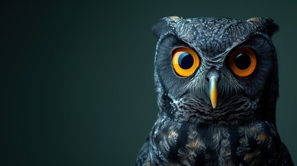 a close up of an owl's face with an orange and yellow eyeball in the center of the owl's head. - obrazy, fototapety, plakaty