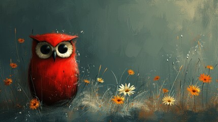a painting of a red owl sitting in a field of daisies and daisies with daisies in the foreground.
