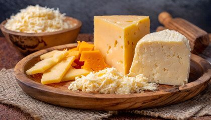 Mixed cheese in wooden authentic flat plate