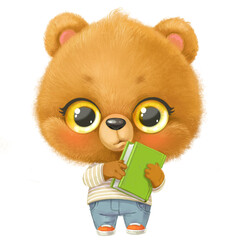 Cute cartoon bear hold book in paws on white background. Image produced without the use of any form of AI software at any stage.