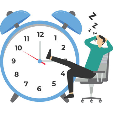 concepts of tired or no motivation, wasted time, procrastination or slow life, lazy to work, low productivity or efficiency, self-discipline problem, lazy businessman sleeping in running time clock.