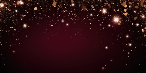 Fototapeta na wymiar maroon red golden blank frame background with confetti glitter and sparkles