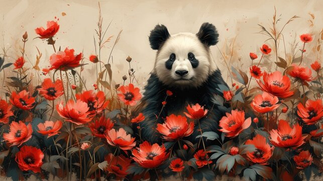 a painting of a panda bear sitting in a field of flowers with red and black flowers in the foreground.