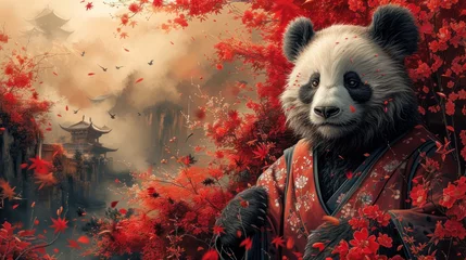 Foto op Plexiglas a painting of a panda standing in front of a forest of red leaves with a pagoda in the background and birds flying overhead. © Nadia