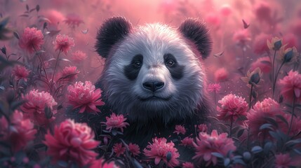 a painting of a panda bear in a field of flowers with pink flowers in the foreground and a pink sky in the background.
