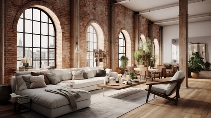Stylish loft studio apartment with modern fashionable interior and chic furniture, adorned with brick, marble, and wood, featuring white walls and wooden columns.