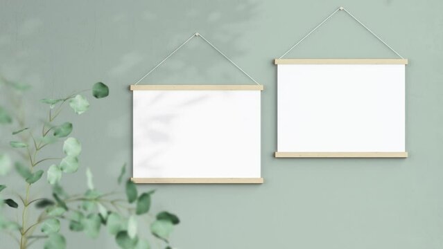 Two Horizontal A ISO Magnetic Poster Bars Video Mockup, Wooden Hanging Blank Frame On the Wall, Poster Hanger Mockup, Shadow Motion Mockup