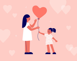 Happy Mothers day postcard. Smiling daughter girl giving heart shaped balloon to her mum. Child present gift to parent. Love you mom vector illustration concept. Mother's day greeting card. Art design