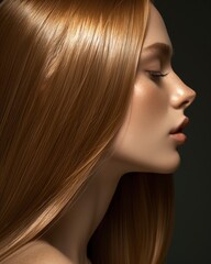 side view of a woman with  shining straight ginger hair - ai-generated